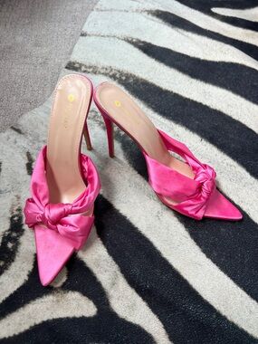 Hot Pink Satin Knot-Front Pointed-Toe Stiletto Mules